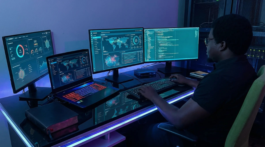 Cybersecurity home lab workstation with multiple monitoring dashboards